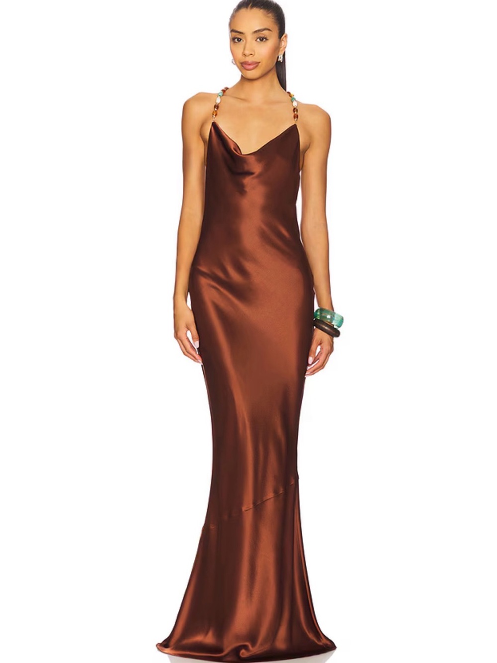 Retrofete Brown Satin Cowl-Neck Maxi Dress with Beaded Straps